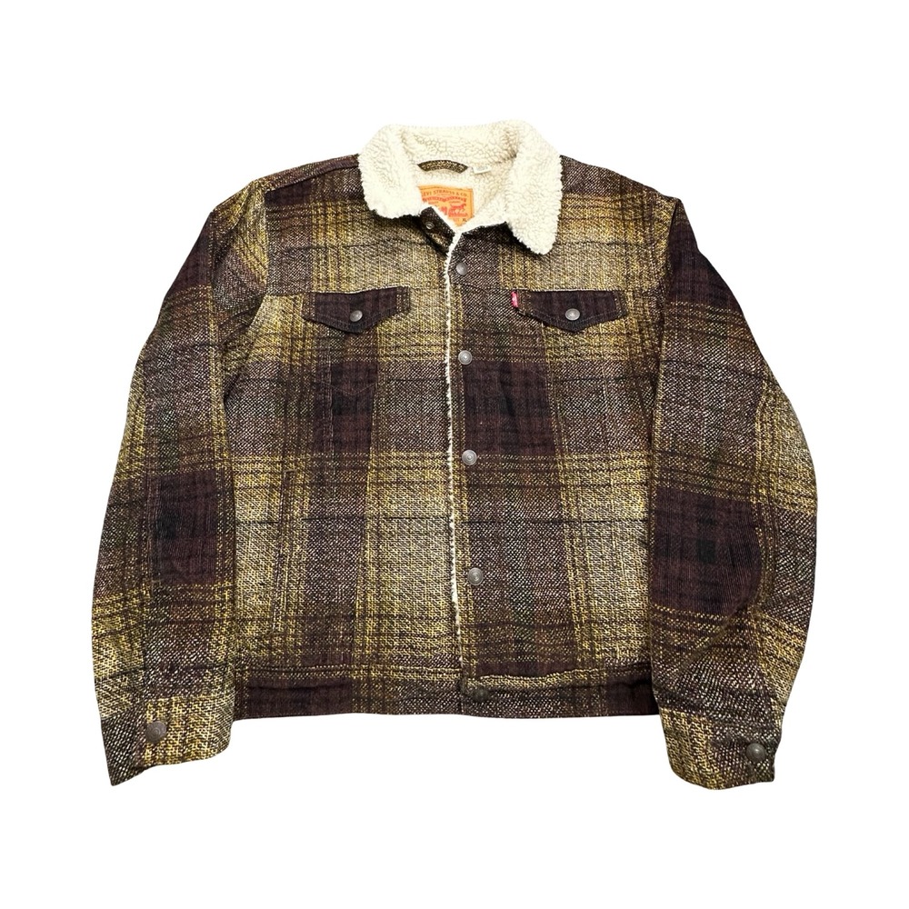 Levis Trucker Jacket Mens XL Brown Yellow Plaid Sherpa Lined Woven Western